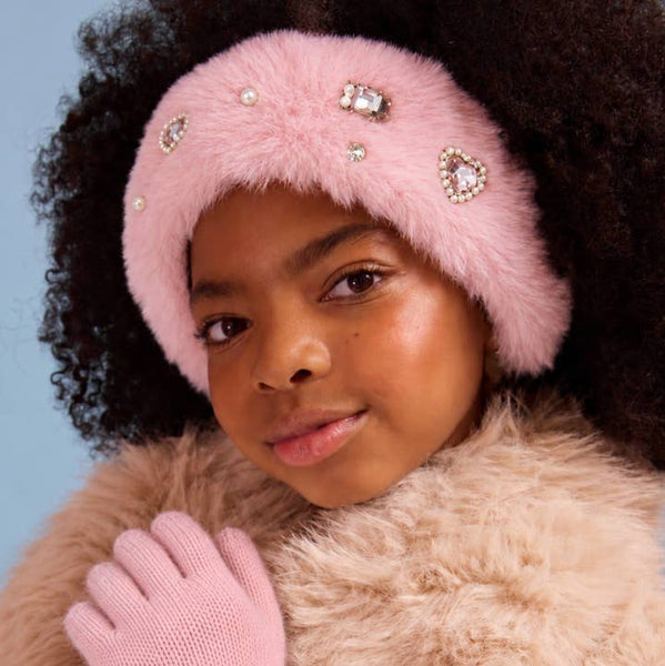 Rhinestone Headband & Gloves Plush Winter Glam Set