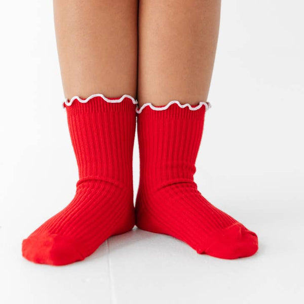 Ribbed Lettuce Trim Midi Socks - Red/White