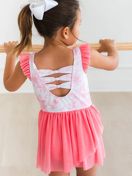 Bubblegum Pink Butterfly Garden Toile Flutter Sleeve Leotard