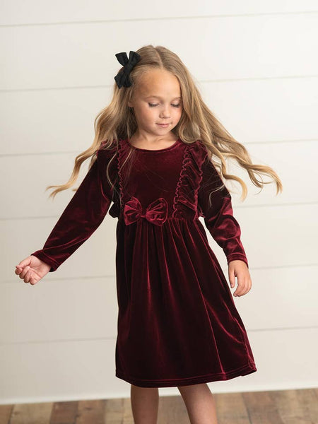 Burgundy Wine Velvet Bow Ruffle Dress