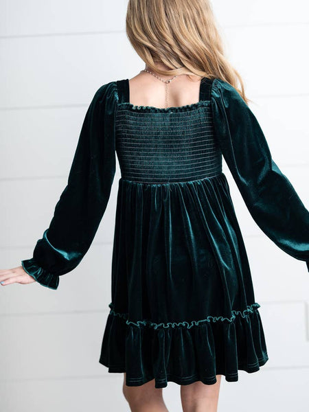 Dark Green Smocked Velvet Dress