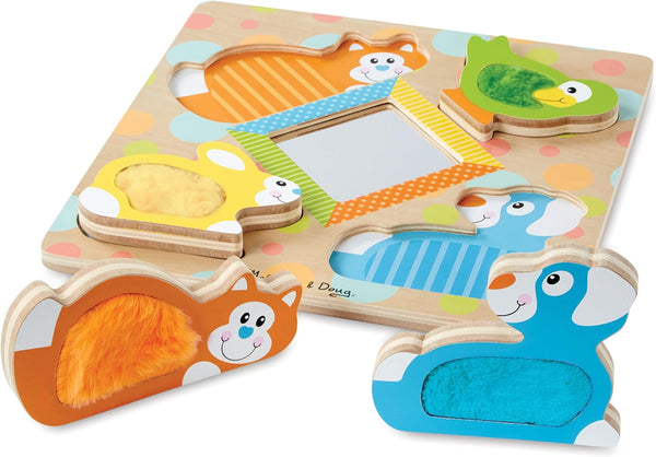 MD First Play Wooden Touch and Feel Puzzle Peek-a-Boo Pets With Mirror