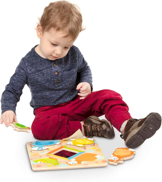 MD First Play Wooden Touch and Feel Puzzle Peek-a-Boo Pets With Mirror