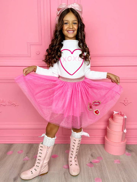 Xoxo Embroidered Sweater and Heart Patch Tutu Skirt Se