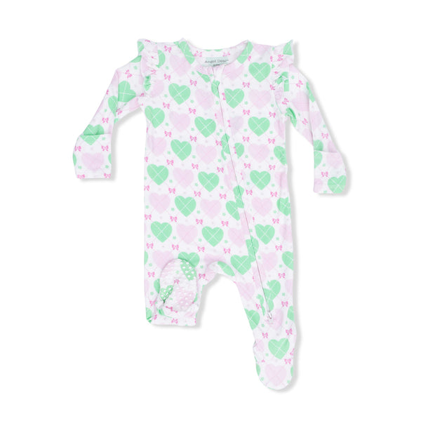 Heart Argyle 2 Way Ruffle Sleeve Zip Footie