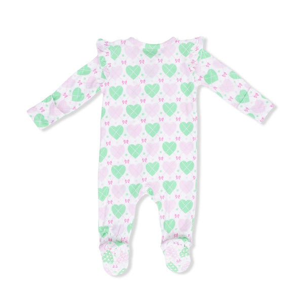 Heart Argyle 2 Way Ruffle Sleeve Zip Footie