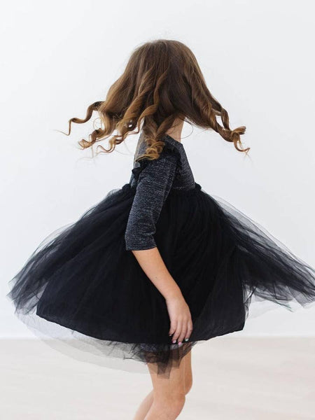 Black Shimmer 3/4 Sleeve Tutu Dress