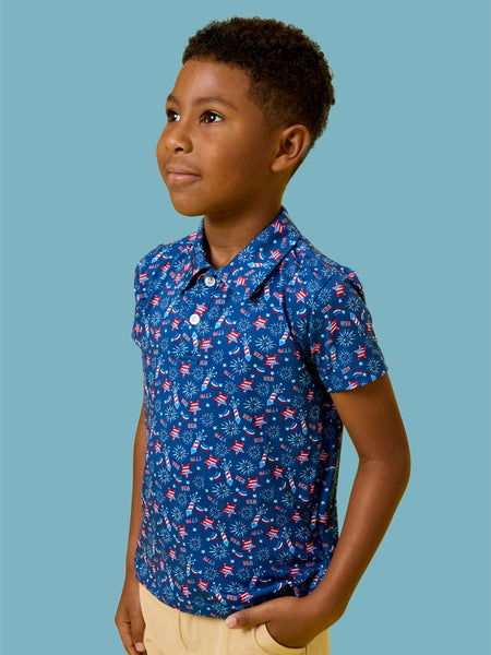 Red White & Boom Fireworks Knit Short Sleeve Performance Polo