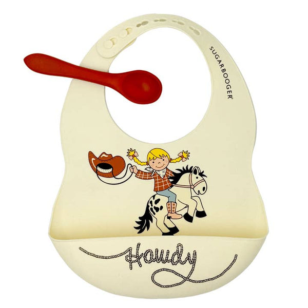 Fresh & Messy Silicone Bib & Spoon Set - Howdy Cowgirl