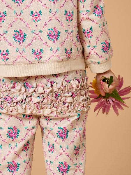 Heather Oatmeal Bouquets Flutter Sweatshirt Jogger Set with Signature Rear Ruffles