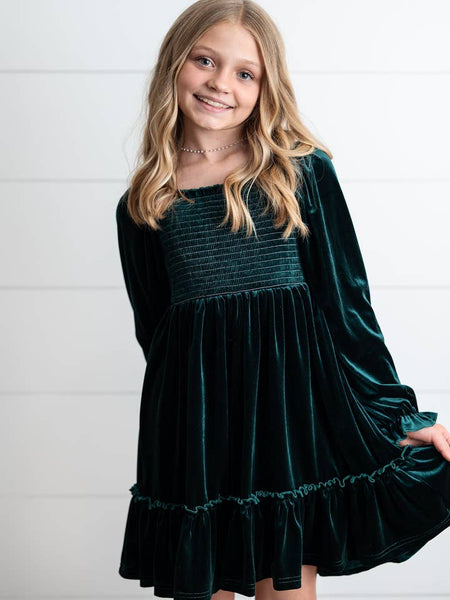 Dark Green Smocked Velvet Dress