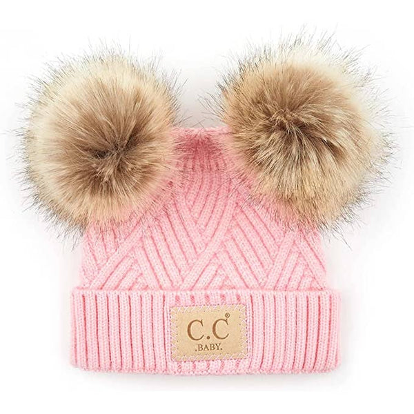 Baby Double Pom Beanie (Diagonal Basketweave/Pink)