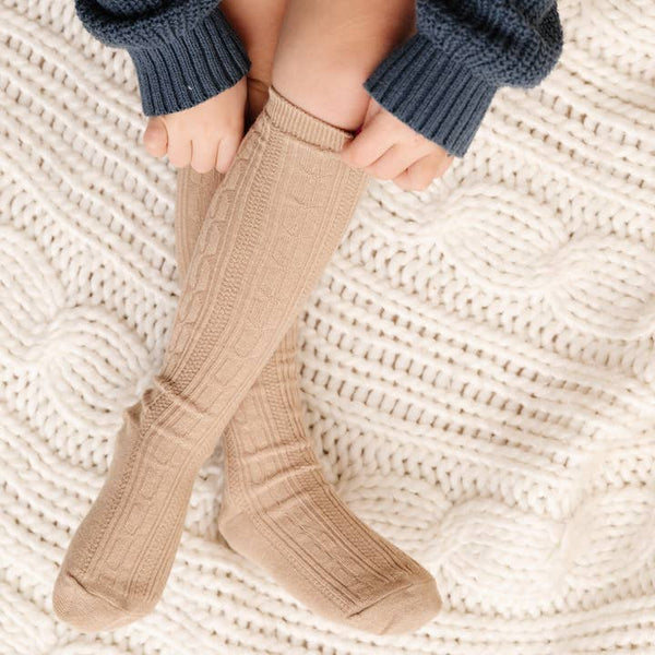 Cable Knit Knee High Socks-Oat