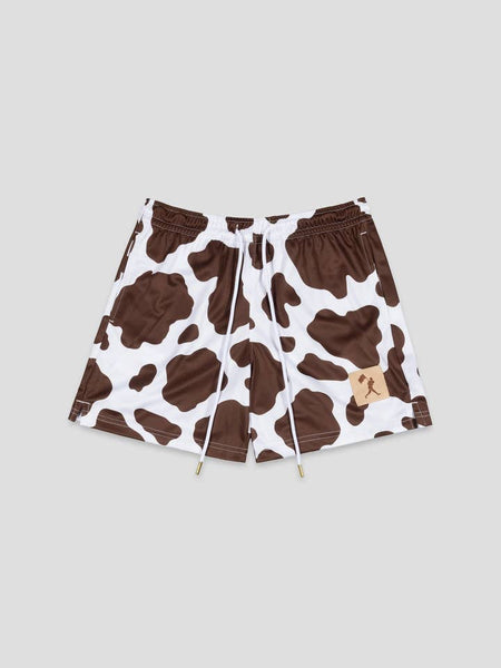 Brown Moo Milk Cow Print Diamond Air Mesh Shorts