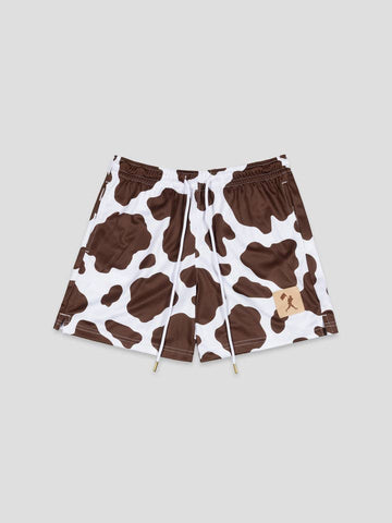 Brown Moo Milk Cow Print Diamond Air Mesh Shorts