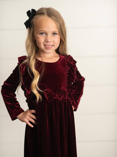 Burgundy Wine Velvet Bow Ruffle Dress
