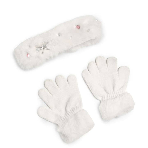 Rhinestone Bow Headband & Gloves Plush Winter Glam Set