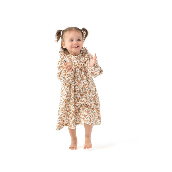 Prairie Calico Long Sleeve Ruffle Smocked Neck Dress + Diaper Cover