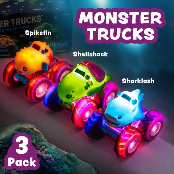 Monster Trucks Light Up Bath Toys, 3 Pack, Shark, Sea Turtle & Pufferfish
