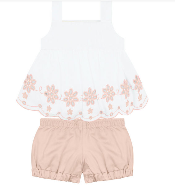 2 Piece Baby Girl Set w/White Embroidered Top and Khaki Shorts