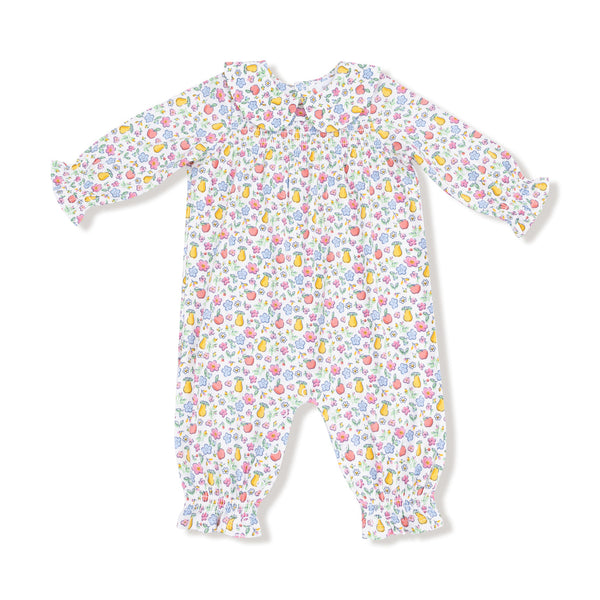 Fall Fruit Floral Smocked Long Sleeve Romper w/Peter Pan Collar