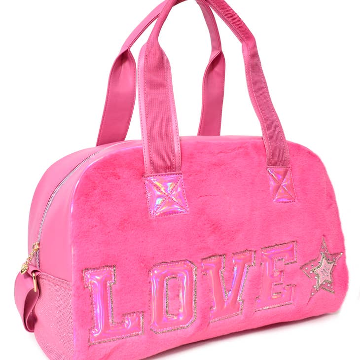 LOVE Hot Pink Plush Medium Duffle Bag