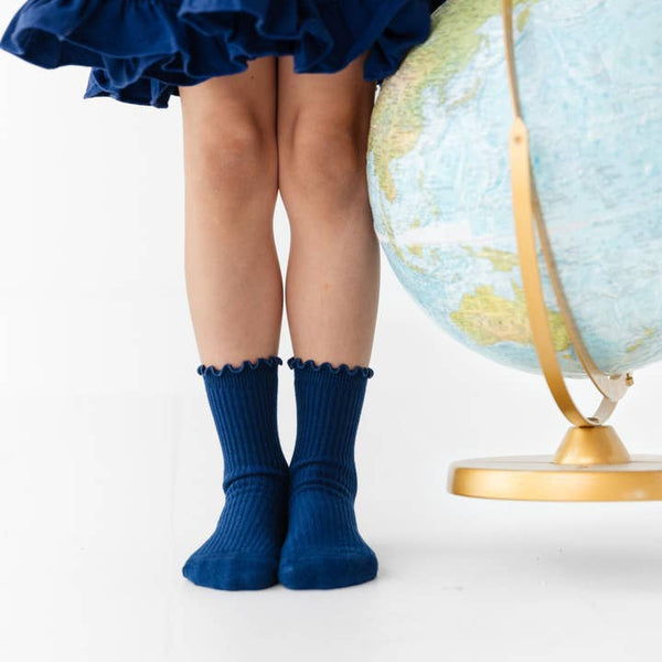 Ribbed Lettuce Trim Midi Socks - Bright Navy