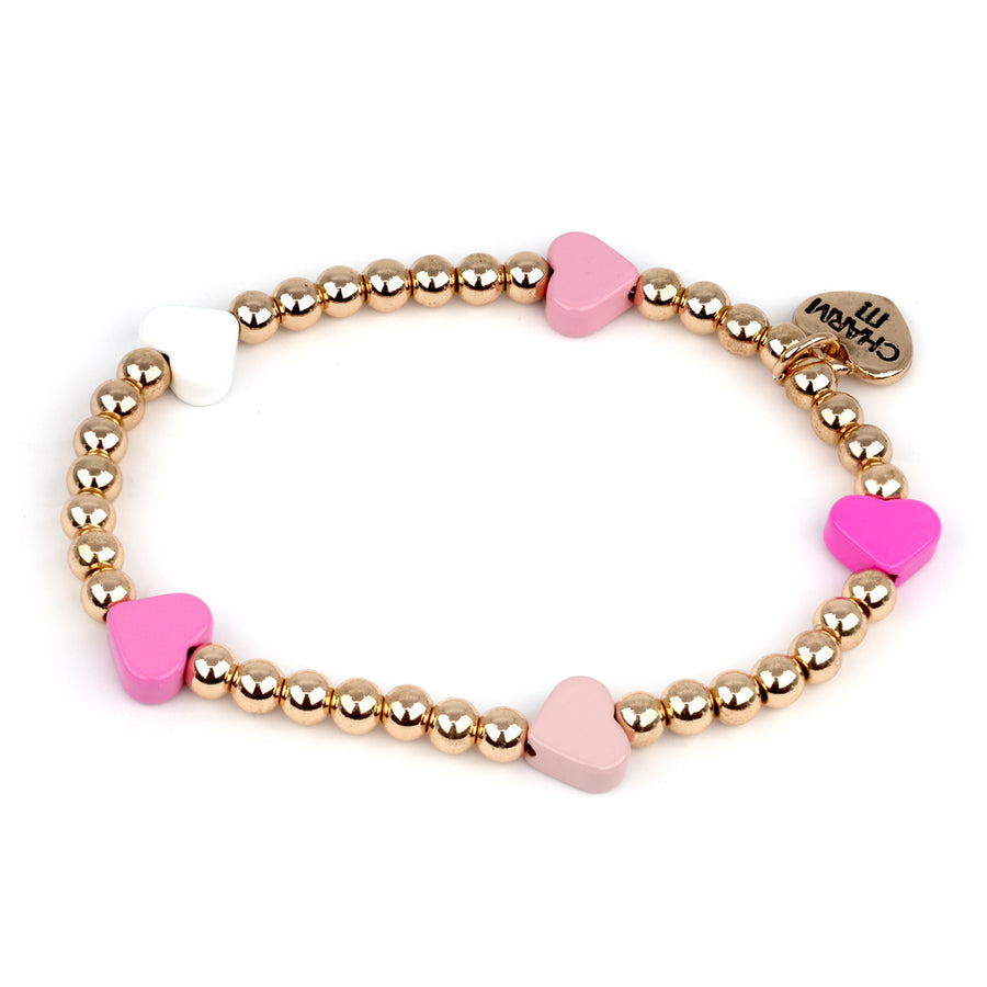 Charm It Gold Bead Pink Heart Stretch Bracelet