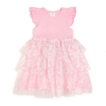 Pink Ditsy Daisy Easter Tiered Short Sleeve Tutu Dress