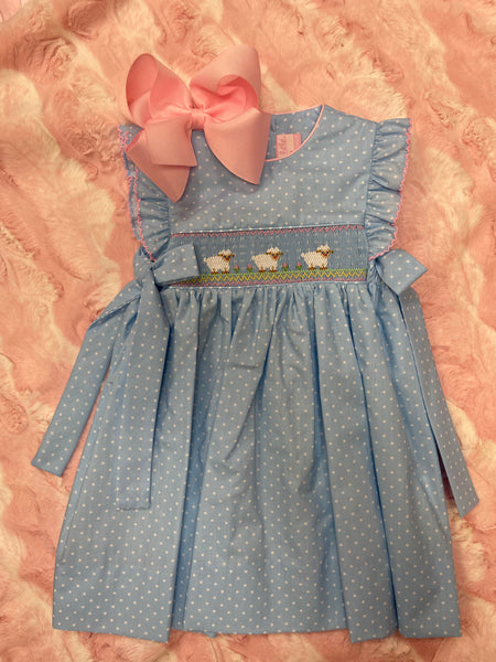 Light Blue Petit Lambs Smocked Dress