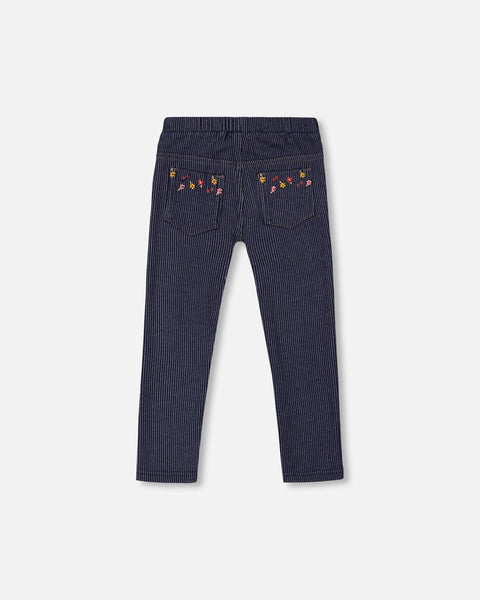 Ribbed Embroidered Dark Blue Treggings