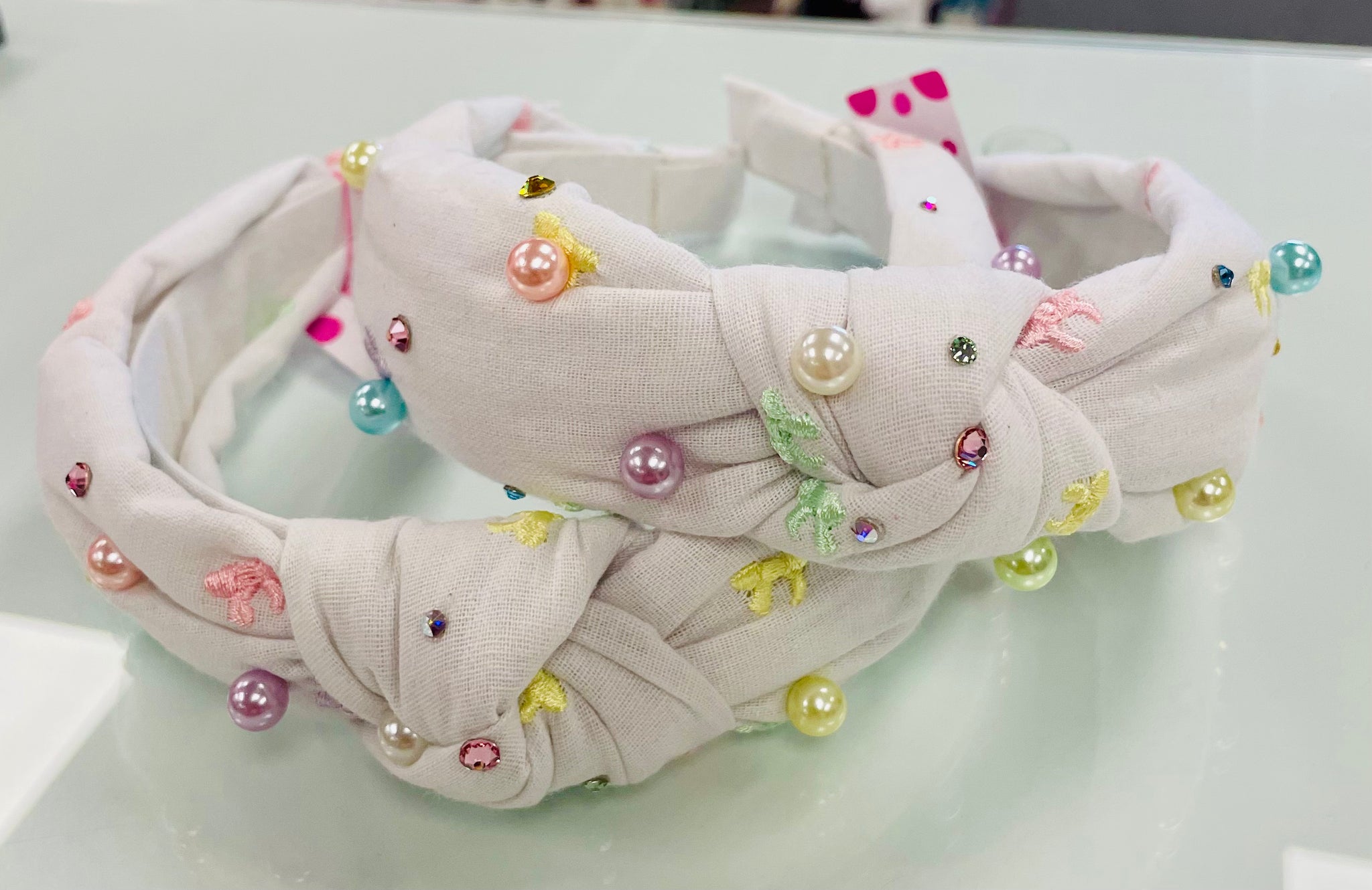 White Linen Bow Pearl Headband