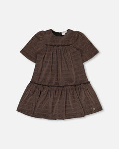 Short Sleeve Metallic Dress w/ Frills Golden Brown