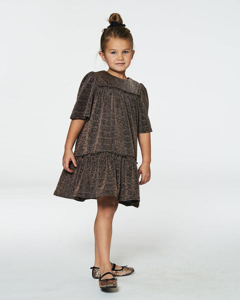 Short Sleeve Metallic Dress w/ Frills Golden Brown