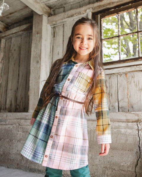 Mixed Plaid Shirt Dress With Belt