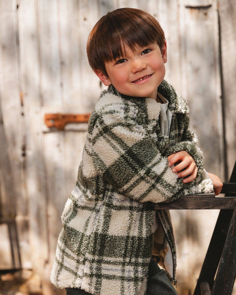 Sherpa Long Sleeve Zip Front Overshirt Sage And Beige Plaid