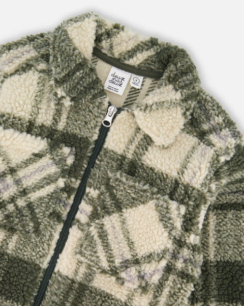 Sherpa Long Sleeve Zip Front Overshirt Sage And Beige Plaid