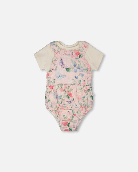 Pink Printed Berries Muslin Overall Set