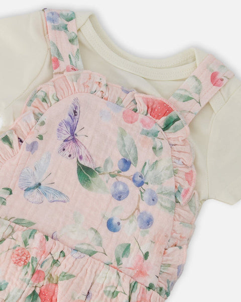 Pink Printed Berries Muslin Overall Set