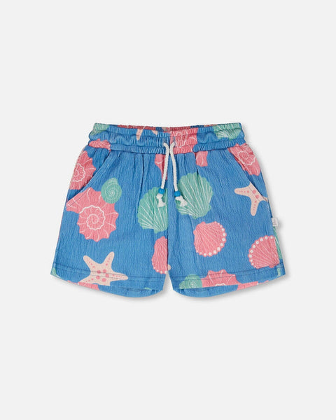 Blue Shell Print Crinkle Jersey Shorts