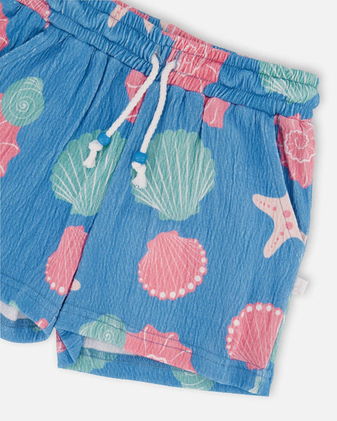 Blue Shell Print Crinkle Jersey Shorts