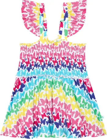 Rainbow Butterfly Smocked Flutter Sleeve Babydoll Dress