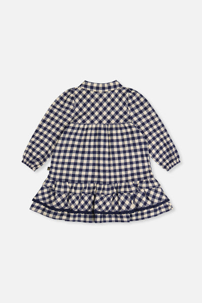 Navy Gingham Dress with Frills