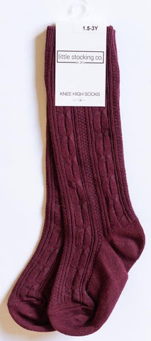 Cable Knit Knee High Socks-Wine