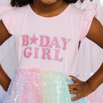 Birthday Girl Patch Rainbow Ombre Sequin Short Sleeve Tutu Dress