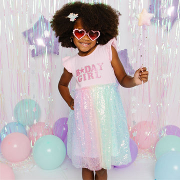 Birthday Girl Patch Rainbow Ombre Sequin Short Sleeve Tutu Dress