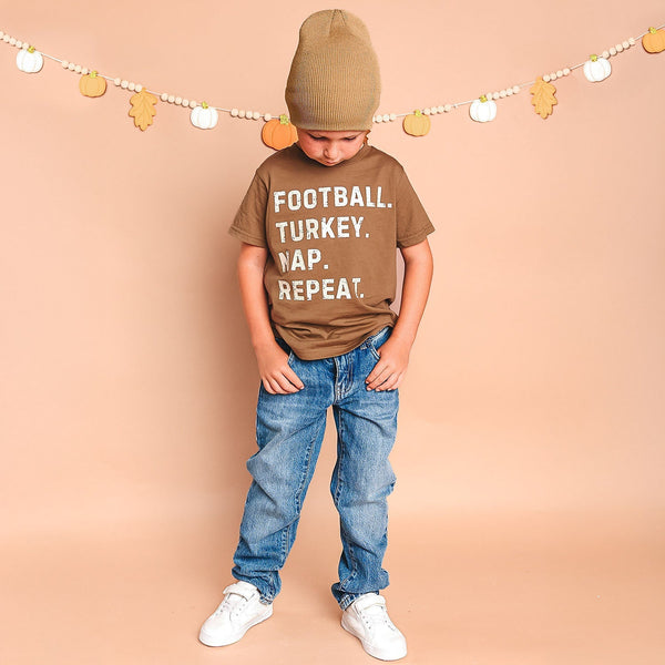 Football Turkey Nap Repeat Thanksgiving Short Sleeve T-Shirt - Mocha