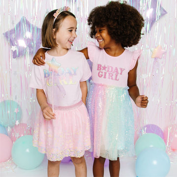 Birthday Girl Patch Rainbow Ombre Sequin Short Sleeve Tutu Dress