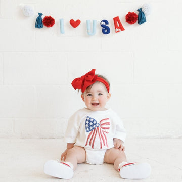 Patriotic Sequin Bow Patch Short Sleeve Romper-White
