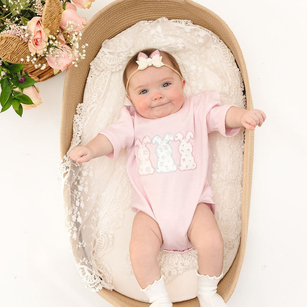 Floral Bunny Patch Easter Short Sleeve Romper - Ballet